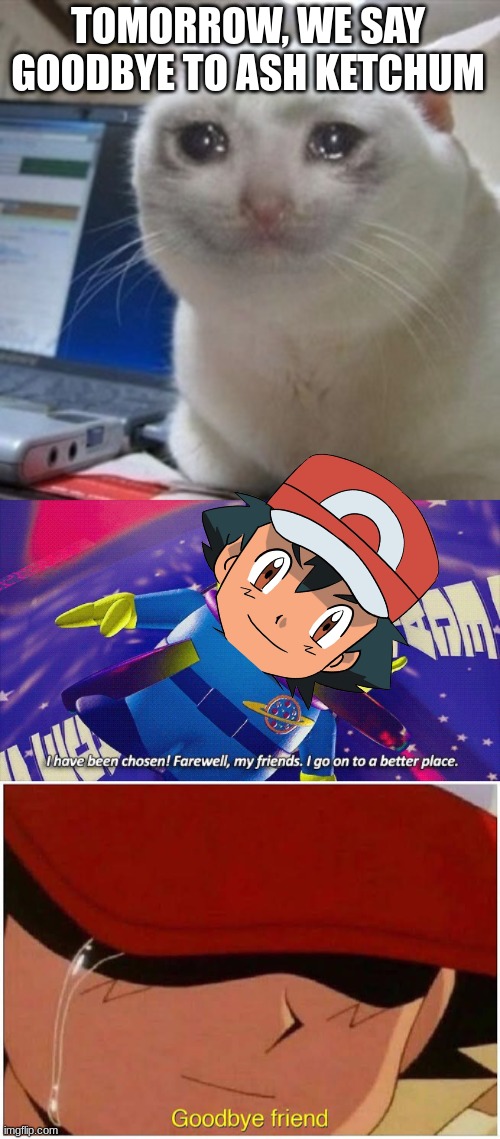 Sayonara Satoshi | TOMORROW, WE SAY GOODBYE TO ASH KETCHUM | image tagged in crying cat,farewell my friends,ash says goodbye friend,where legends cried | made w/ Imgflip meme maker