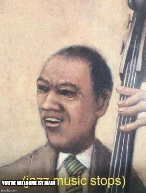 Jazz music stops | YOU'RE WELCOME BY MAUI | image tagged in jazz music stops | made w/ Imgflip meme maker