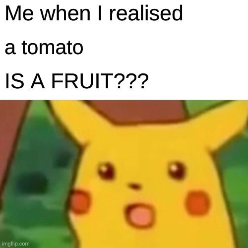 Surprised Pikachu | Me when I realised; a tomato; IS A FRUIT??? | image tagged in memes,surprised pikachu | made w/ Imgflip meme maker