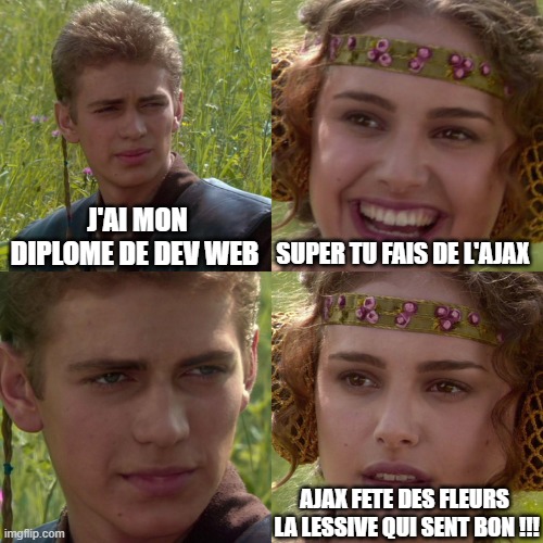 j'ai mon diplome de dev | J'AI MON DIPLOME DE DEV WEB; SUPER TU FAIS DE L'AJAX; AJAX FETE DES FLEURS  LA LESSIVE QUI SENT BON !!! | image tagged in anakin padme 4 panel | made w/ Imgflip meme maker