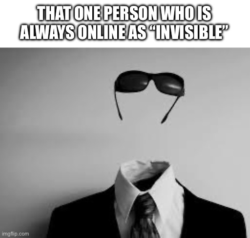 We all know that one person | THAT ONE PERSON WHO IS ALWAYS ONLINE AS “INVISIBLE” | image tagged in the invisible man,discord,online,invisible | made w/ Imgflip meme maker