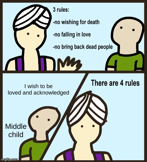 Middle Child Problems | I wish to be loved and acknowledged; Middle child | image tagged in genie rules meme,middle child | made w/ Imgflip meme maker