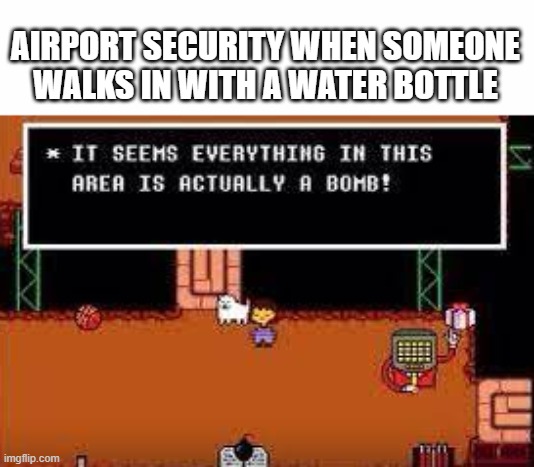 EVERYONE GET DOWN YOU HAVE THE RIGHT TO REMAIN SILENT | AIRPORT SECURITY WHEN SOMEONE WALKS IN WITH A WATER BOTTLE | image tagged in undertale,bomb,airport,funny,memes | made w/ Imgflip meme maker