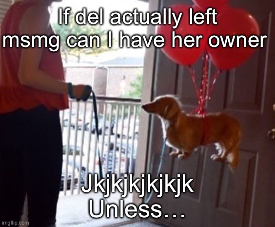 Would be funny ngl | If del actually left msmg can I have her owner; Jkjkjkjkjkjk
Unless… | image tagged in walkin me dog fr | made w/ Imgflip meme maker