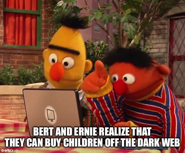 Insert title here | BERT AND ERNIE REALIZE THAT THEY CAN BUY CHILDREN OFF THE DARK WEB | image tagged in bert and ernie on the dark web,dark humor | made w/ Imgflip meme maker