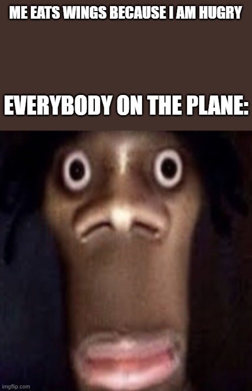 OH SHIT | ME EATS WINGS BECAUSE I AM HUGRY; EVERYBODY ON THE PLANE: | image tagged in quandale dingle | made w/ Imgflip meme maker
