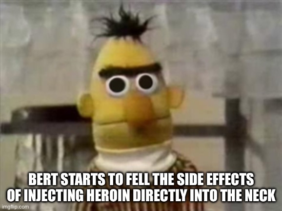 Insert title here | BERT STARTS TO FELL THE SIDE EFFECTS OF INJECTING HEROIN DIRECTLY INTO THE NECK | image tagged in bert muppet what did i just see,dark humour | made w/ Imgflip meme maker