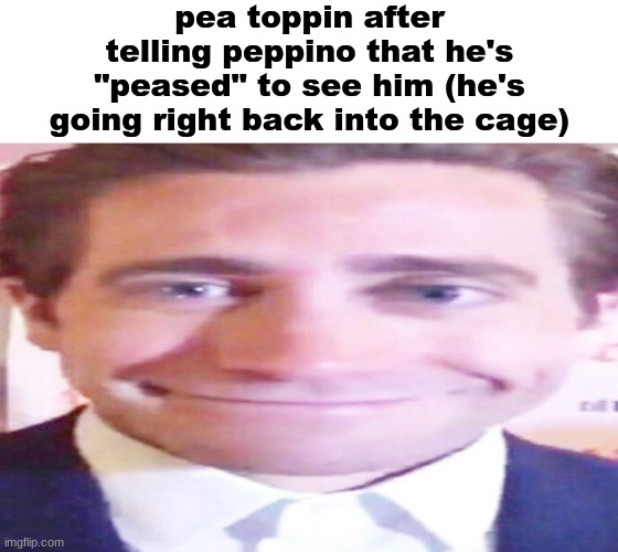 wide jake gyllenhaal | pea toppin after telling peppino that he's "peased" to see him (he's going right back into the cage) | image tagged in wide jake gyllenhaal | made w/ Imgflip meme maker