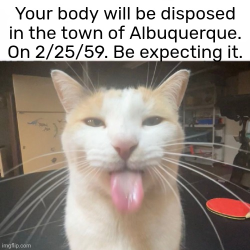 Your body will be disposed in the town of Albuquerque. On 2/25/59. Be expecting it. | made w/ Imgflip meme maker