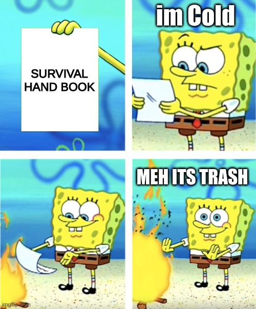 sponge bob burning paper | im Cold; SURVIVAL HAND BOOK; MEH ITS TRASH | image tagged in spongebob burning paper | made w/ Imgflip meme maker