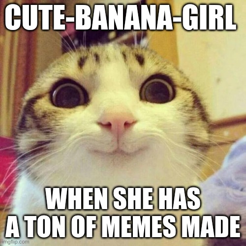 Smiling Cat | CUTE-BANANA-GIRL; WHEN SHE HAS A TON OF MEMES MADE | image tagged in memes,smiling cat | made w/ Imgflip meme maker