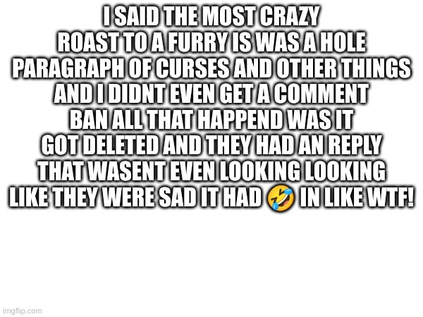 tf | I SAID THE MOST CRAZY ROAST TO A FURRY IS WAS A HOLE PARAGRAPH OF CURSES AND OTHER THINGS AND I DIDNT EVEN GET A COMMENT BAN ALL THAT HAPPEND WAS IT GOT DELETED AND THEY HAD AN REPLY THAT WASENT EVEN LOOKING LOOKING LIKE THEY WERE SAD IT HAD 🤣 IN LIKE WTF! | image tagged in tf | made w/ Imgflip meme maker