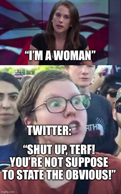 Terf Ana | “I’M A WOMAN”; TWITTER:; “SHUT UP, TERF! YOU’RE NOT SUPPOSE TO STATE THE OBVIOUS!” | image tagged in ana kasparian tyt,trigger a leftist | made w/ Imgflip meme maker