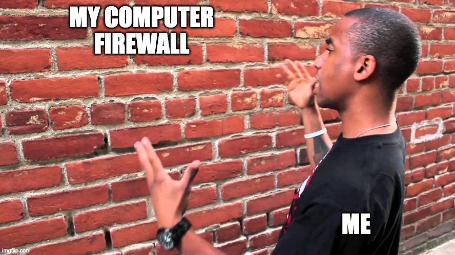 me when my computer is being annoying | MY COMPUTER FIREWALL; ME | image tagged in talking to wall,memes,computers | made w/ Imgflip meme maker