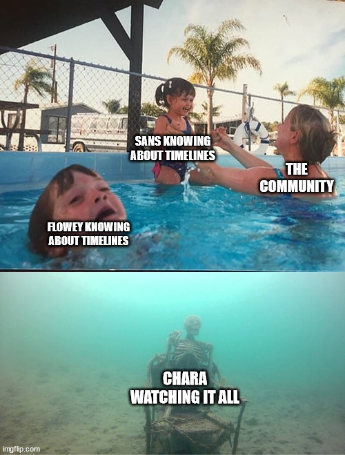 Mother Ignoring Kid Drowning In A Pool | SANS KNOWING ABOUT TIMELINES; THE COMMUNITY; FLOWEY KNOWING ABOUT TIMELINES; CHARA WATCHING IT ALL | image tagged in mother ignoring kid drowning in a pool | made w/ Imgflip meme maker