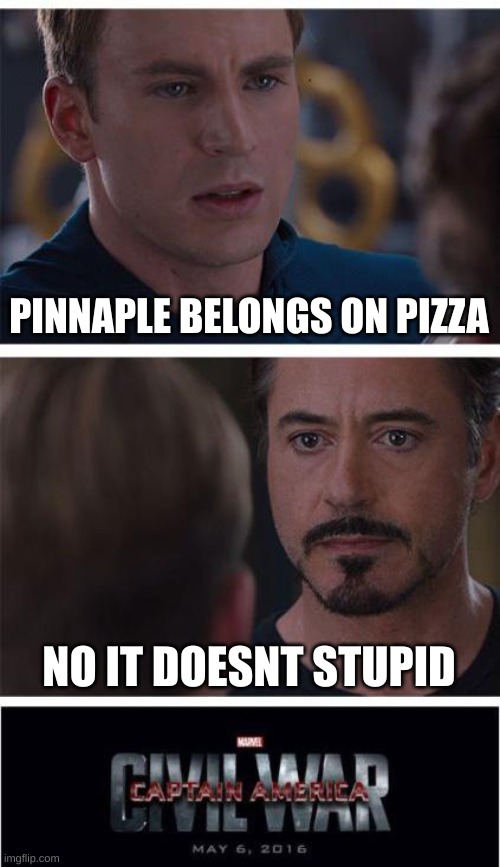 this means war | PINNAPLE BELONGS ON PIZZA; NO IT DOESNT STUPID | image tagged in memes,marvel civil war 1 | made w/ Imgflip meme maker