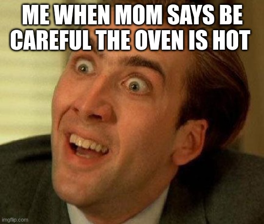 Nah, Really? | ME WHEN MOM SAYS BE CAREFUL THE OVEN IS HOT | image tagged in nah really | made w/ Imgflip meme maker