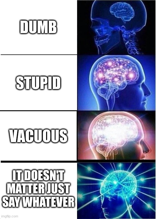 hhh | DUMB; STUPID; VACUOUS; IT DOESN'T MATTER JUST SAY WHATEVER | image tagged in memes,expanding brain | made w/ Imgflip meme maker