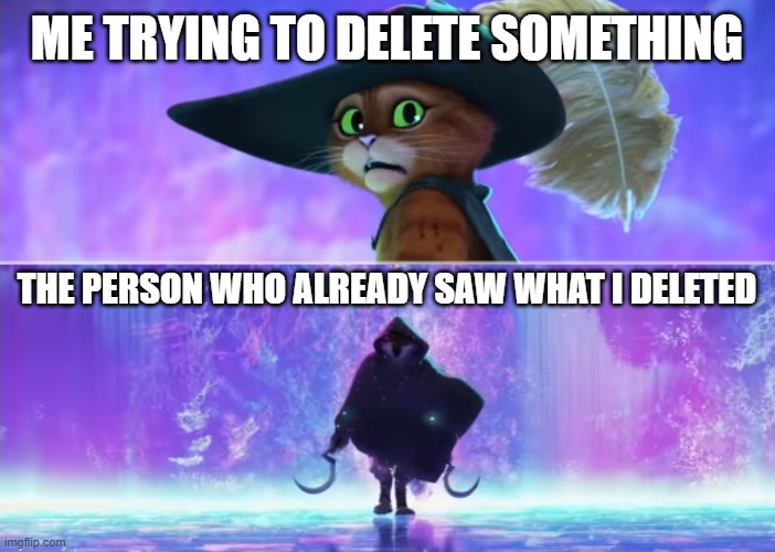 *Death whistle intensifies* | ME TRYING TO DELETE SOMETHING; THE PERSON WHO ALREADY SAW WHAT I DELETED | image tagged in puss and boots scared,death,puss in boots,deleted,dreamworks | made w/ Imgflip meme maker
