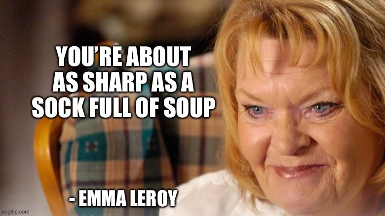 Sharp | YOU’RE ABOUT AS SHARP AS A SOCK FULL OF SOUP; - EMMA LEROY | image tagged in insult | made w/ Imgflip meme maker