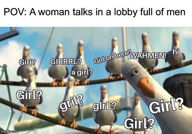 The normal one who just says hi lmao | POV: A woman talks in a lobby full of men | image tagged in memes,funny,gaming | made w/ Imgflip meme maker