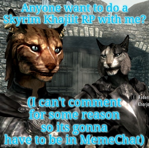 Khajiit Dragonborn | Anyone want to do a Skyrim Khajiit RP with me? (I can't comment for some reason so its gonna have to be in MemeChat) | image tagged in khajiit dragonborn | made w/ Imgflip meme maker