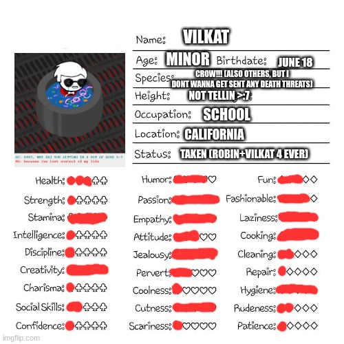 Profile card | VILKAT; MINOR; JUNE 18; CROW!!! (ALSO OTHERS, BUT I DONT WANNA GET SENT ANY DEATH THREATS); NOT TELLIN >:7; SCHOOL; CALIFORNIA; TAKEN (ROBIN+VILKAT 4 EVER) | image tagged in profile card | made w/ Imgflip meme maker