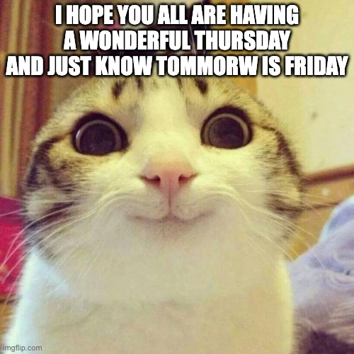 Smiling Cat | I HOPE YOU ALL ARE HAVING A WONDERFUL THURSDAY AND JUST KNOW TOMMORW IS FRIDAY | image tagged in memes,smiling cat | made w/ Imgflip meme maker