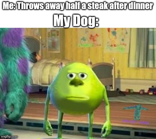 The dog wants the leftovers | My Dog:; Me: Throws away half a steak after dinner | image tagged in monster green meme,steak dinner,dogs,dinner,funny,trash | made w/ Imgflip meme maker