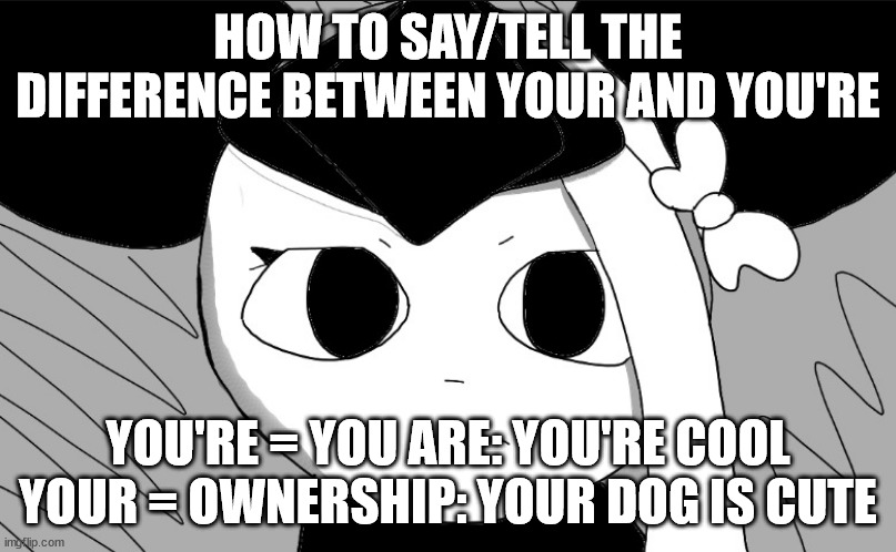 omori sylc | HOW TO SAY/TELL THE DIFFERENCE BETWEEN YOUR AND YOU'RE; YOU'RE = YOU ARE: YOU'RE COOL
YOUR = OWNERSHIP: YOUR DOG IS CUTE | image tagged in omori sylc | made w/ Imgflip meme maker