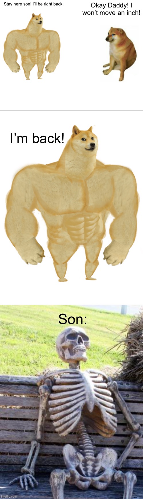 Stay here son! I’ll be right back. Okay Daddy! I won’t move an inch! I’m back! Son: | image tagged in memes,buff doge vs cheems,swole doge,waiting skeleton | made w/ Imgflip meme maker