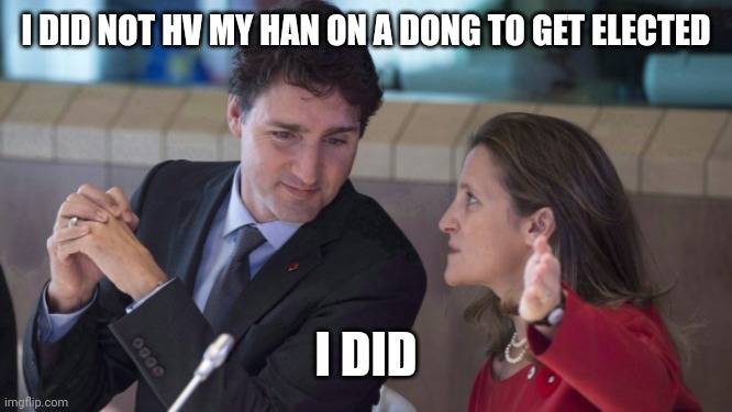 Trudeau taking to Freeland | I DID NOT HV MY HAN ON A DONG TO GET ELECTED; I DID | image tagged in trudeau taking to freeland | made w/ Imgflip meme maker