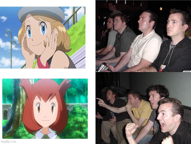 Pokegirls return on Pokémon Journeys | image tagged in reaction guys | made w/ Imgflip meme maker