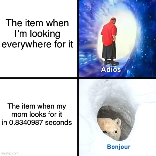 Relatable right? | The item when I’m looking everywhere for it; The item when my mom looks for it in 0.8340987 seconds | image tagged in adios bonjour,memes,funny,relatable memes,so true memes,true story | made w/ Imgflip meme maker