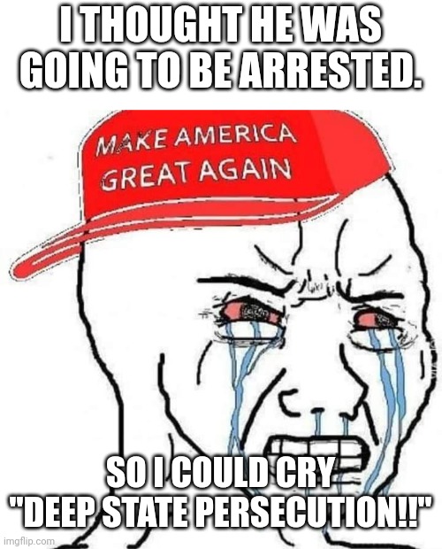 Magawhine | I THOUGHT HE WAS GOING TO BE ARRESTED. SO I COULD CRY "DEEP STATE PERSECUTION!!" | image tagged in conservative,republican,democrat,trump,liberal | made w/ Imgflip meme maker