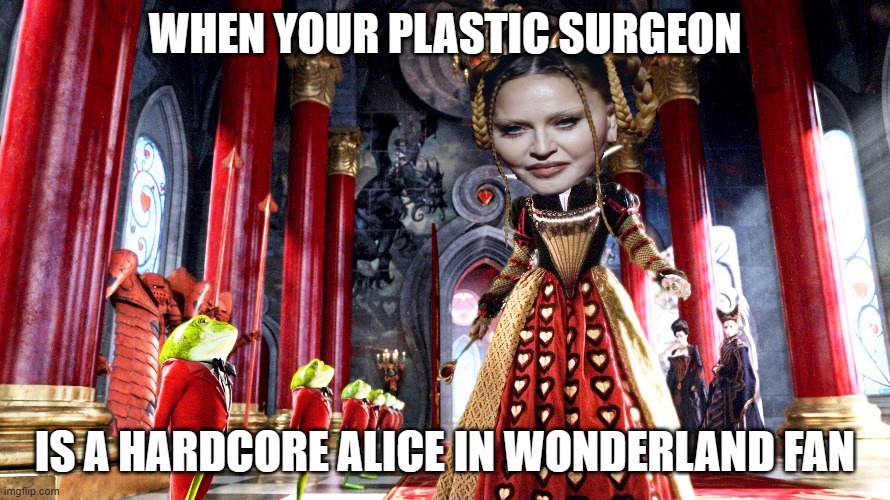 Queen "Big Head" Madonna | WHEN YOUR PLASTIC SURGEON; IS A HARDCORE ALICE IN WONDERLAND FAN | image tagged in madonna,madonna strike a pose,giant,head,plastic surgery | made w/ Imgflip meme maker