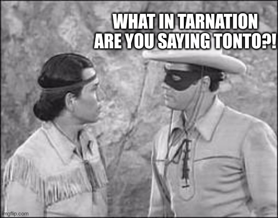 Tonto & Lone Ranger | WHAT IN TARNATION ARE YOU SAYING TONTO?! | image tagged in tonto lone ranger | made w/ Imgflip meme maker