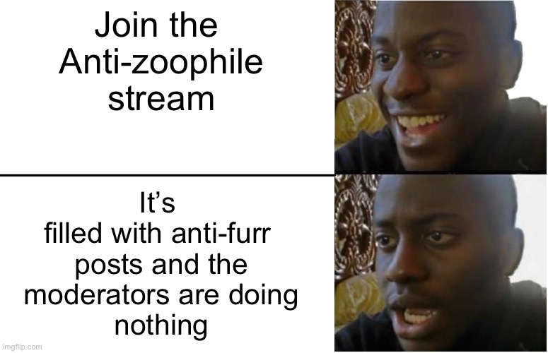 Like seriously I joined it to stand up for my fellow furrs and that’s what I’m met with | Join the 
Anti-zoophile
stream; It’s 
filled with anti-furr 
posts and the
moderators are doing
nothing | image tagged in reality is often dissapointing,furry with gun | made w/ Imgflip meme maker