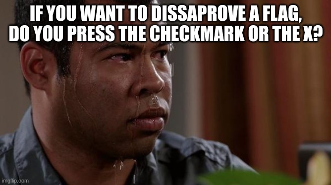 (Owner note: the X) | IF YOU WANT TO DISSAPROVE A FLAG, DO YOU PRESS THE CHECKMARK OR THE X? | image tagged in sweating bullets | made w/ Imgflip meme maker