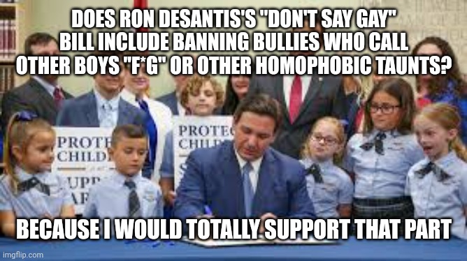 DOES RON DESANTIS'S "DON'T SAY GAY" BILL INCLUDE BANNING BULLIES WHO CALL OTHER BOYS "F*G" OR OTHER HOMOPHOBIC TAUNTS? BECAUSE I WOULD TOTALLY SUPPORT THAT PART | made w/ Imgflip meme maker