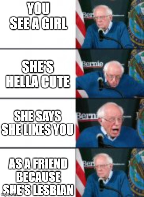 aw man | YOU SEE A GIRL; SHE'S HELLA CUTE; SHE SAYS SHE LIKES YOU; AS A FRIEND BECAUSE SHE'S LESBIAN | image tagged in bernie sanders disappointed | made w/ Imgflip meme maker