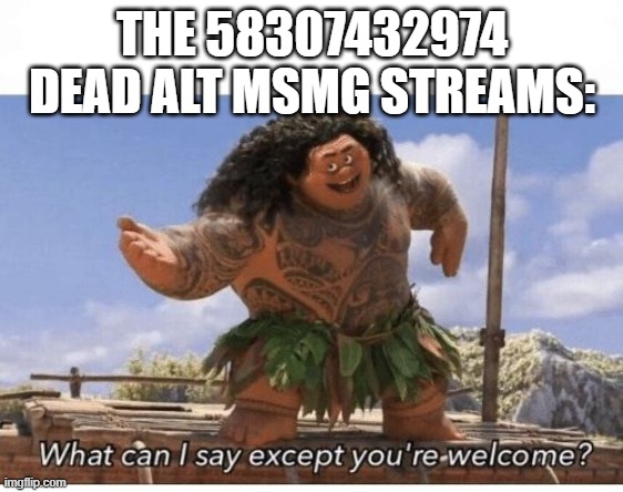 What can I say except you're welcome? | THE 58307432974 DEAD ALT MSMG STREAMS: | image tagged in what can i say except you're welcome | made w/ Imgflip meme maker