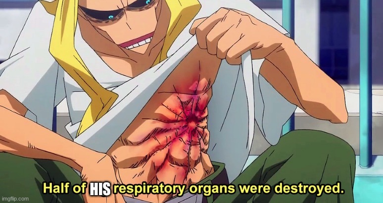 Half of my respiratory organs were destroyed | HIS | image tagged in half of my respiratory organs were destroyed | made w/ Imgflip meme maker