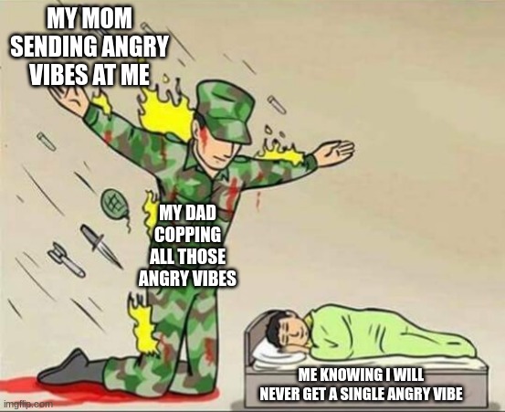 Please get at least over 10,000 views and follow me | MY MOM SENDING ANGRY VIBES AT ME; MY DAD COPPING ALL THOSE ANGRY VIBES; ME KNOWING I WILL NEVER GET A SINGLE ANGRY VIBE | image tagged in soldier protecting sleeping child | made w/ Imgflip meme maker