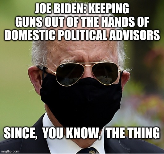 JOE BIDEN: KEEPING GUNS OUT OF THE HANDS OF DOMESTIC POLITICAL ADVISORS; SINCE,  YOU KNOW,  THE THING | made w/ Imgflip meme maker