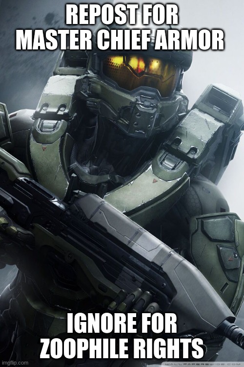 master chief | REPOST FOR MASTER CHIEF ARMOR; IGNORE FOR ZOOPHILE RIGHTS | image tagged in master chief | made w/ Imgflip meme maker