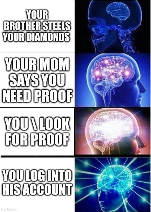 Expanding Brain | YOUR BROTHER STEELS YOUR DIAMONDS; YOUR MOM SAYS YOU NEED PROOF; YOU \ LOOK FOR PROOF; YOU LOG INTO HIS ACCOUNT | image tagged in memes,expanding brain | made w/ Imgflip meme maker