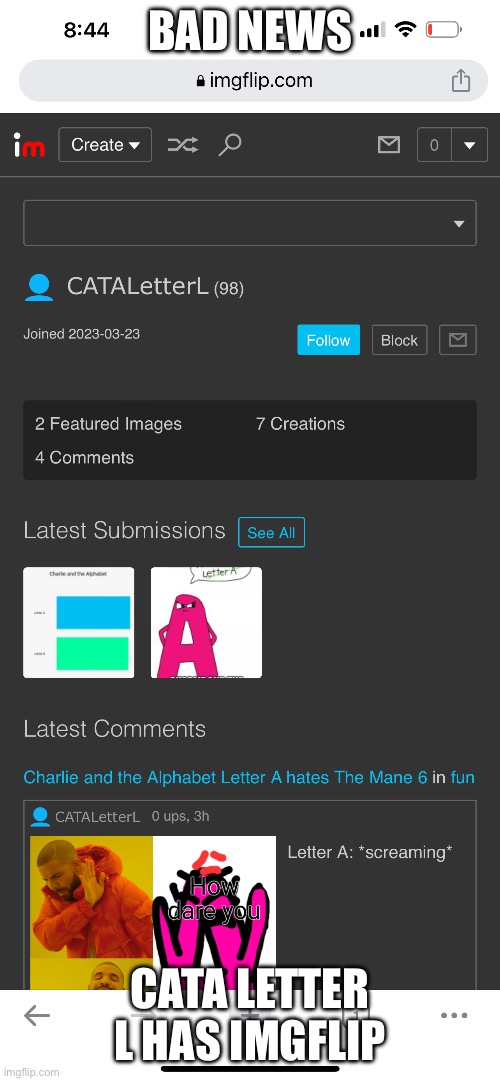 If you don’t know who she is go to her YT channel CATA Letter L | BAD NEWS; CATA LETTER L HAS IMGFLIP | image tagged in cata letter l | made w/ Imgflip meme maker