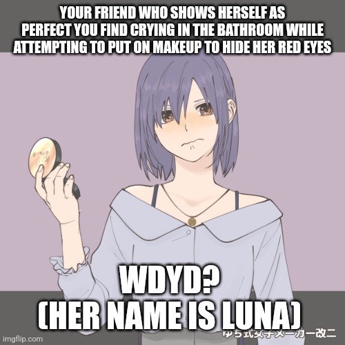 Normal rules apply | YOUR FRIEND WHO SHOWS HERSELF AS PERFECT YOU FIND CRYING IN THE BATHROOM WHILE ATTEMPTING TO PUT ON MAKEUP TO HIDE HER RED EYES; WDYD? 
(HER NAME IS LUNA) | made w/ Imgflip meme maker