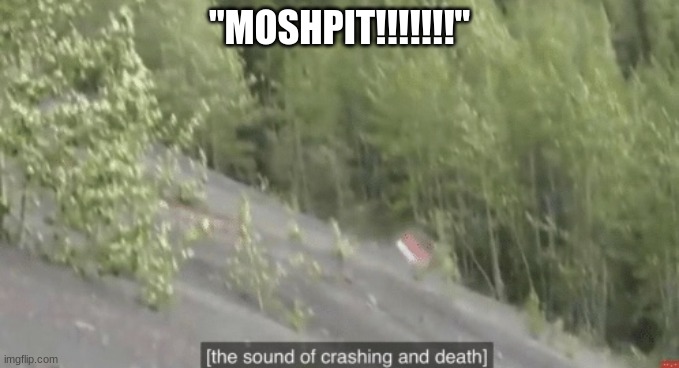 MOSH | "MOSHPIT!!!!!!!" | image tagged in the sound of crashing and death | made w/ Imgflip meme maker